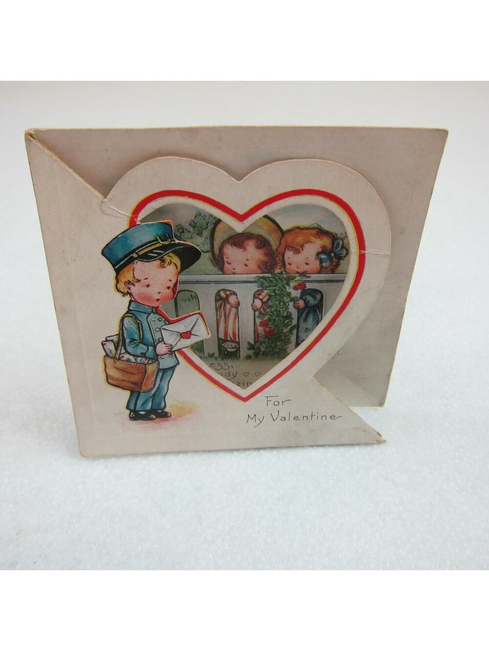 Vintage Valentine Card Foldout Stand Up Postman Boy & Girls at Fence 1920-30s